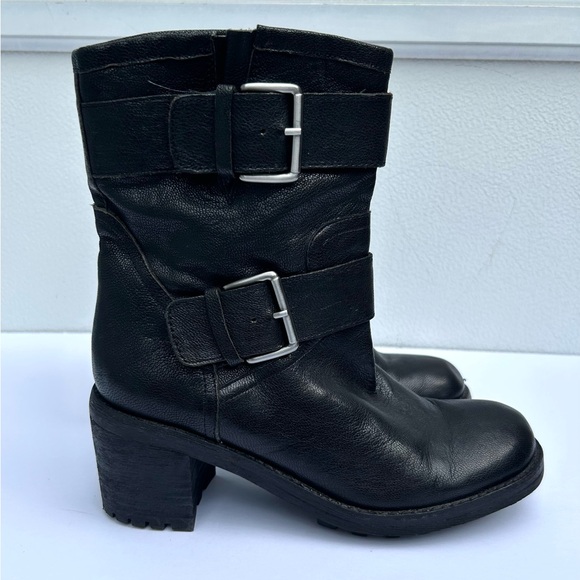 Sam Edelman moto boots black leather biker silver buckle Troy boots women 6.5 - Picture 2 of 9
